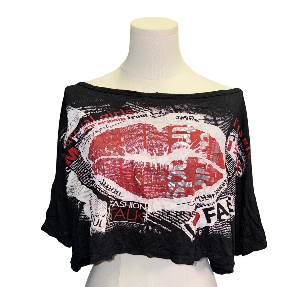 Vtg Annabelle Womens Black Graphic Lips Crop Top Off Shoulder Fashion Talk Tee L